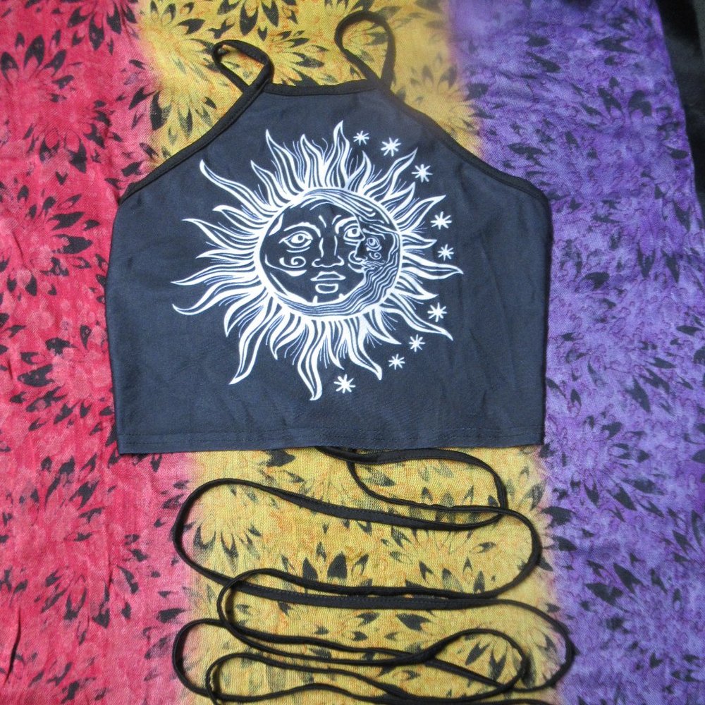 BOHO  Celestial Sun Moon Strappy Halter Top